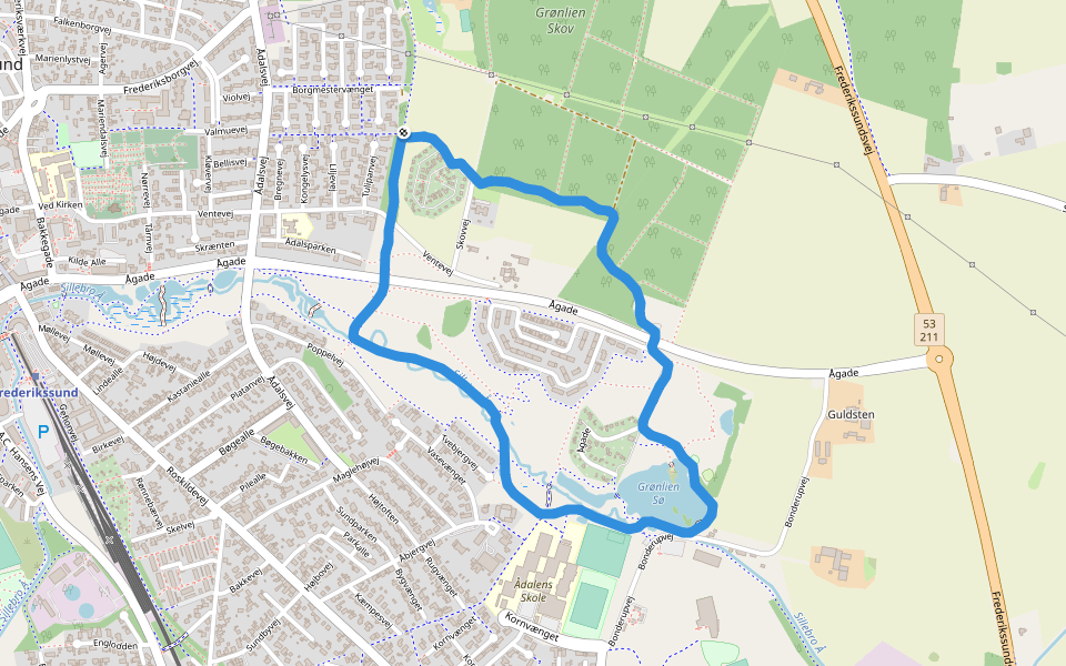 Grønlien Sø walking route map in Frederikssund