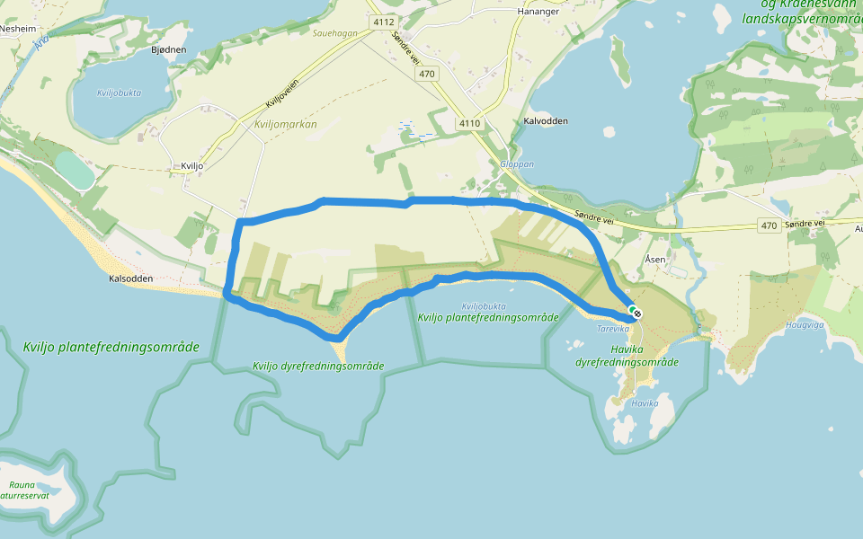 Haviksanden via Kviljo walking route map in Farsund