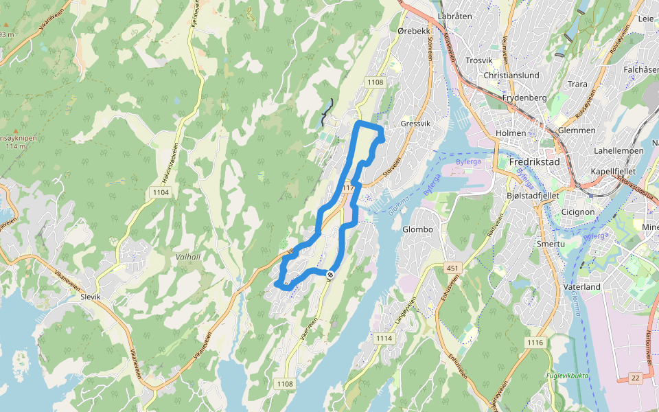 Gressvik kirke walking route map in Fredrikstad