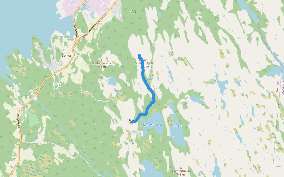 Spillumsvatnet - Dugurdmålfjellet walking route map in Namsos