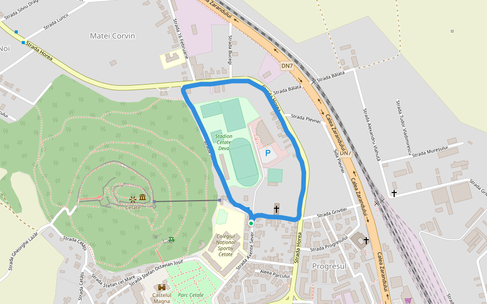 Stadion Cetate Deva walking route map in Deva