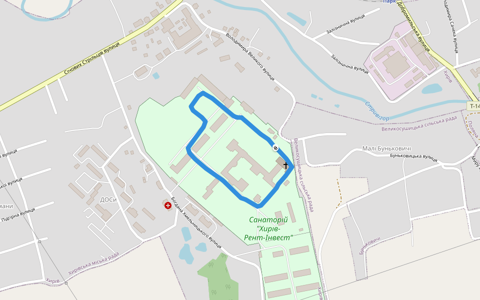 Санаторій "Хирів-Рент-Інвест" walking route map in Khyriv