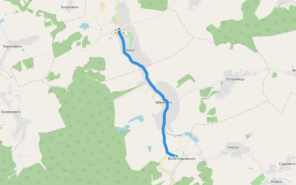 Крукеничі walking route map in Volya-Sadkivs'ka