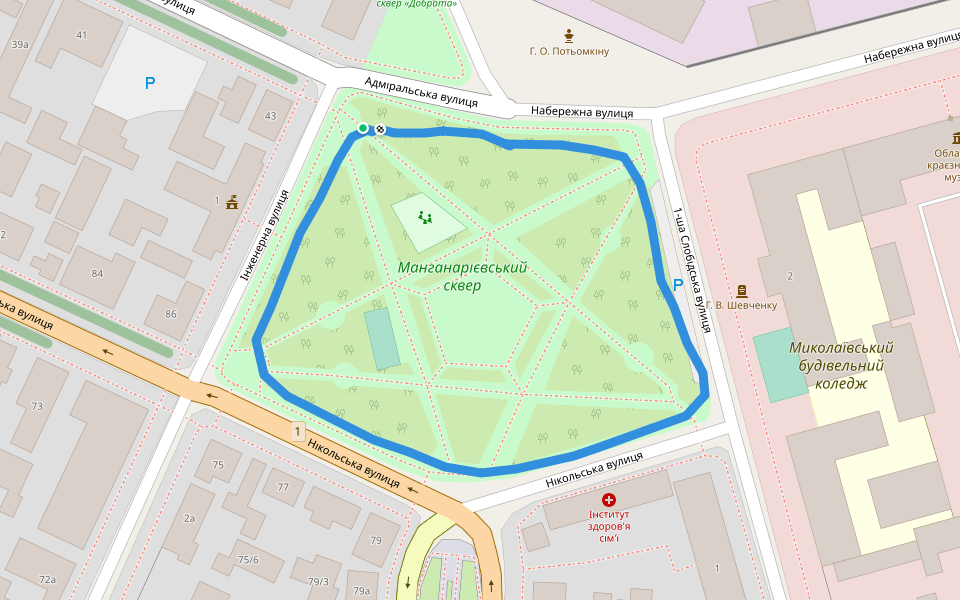 Манганарієвський сквер walking route map in Mykolaiv