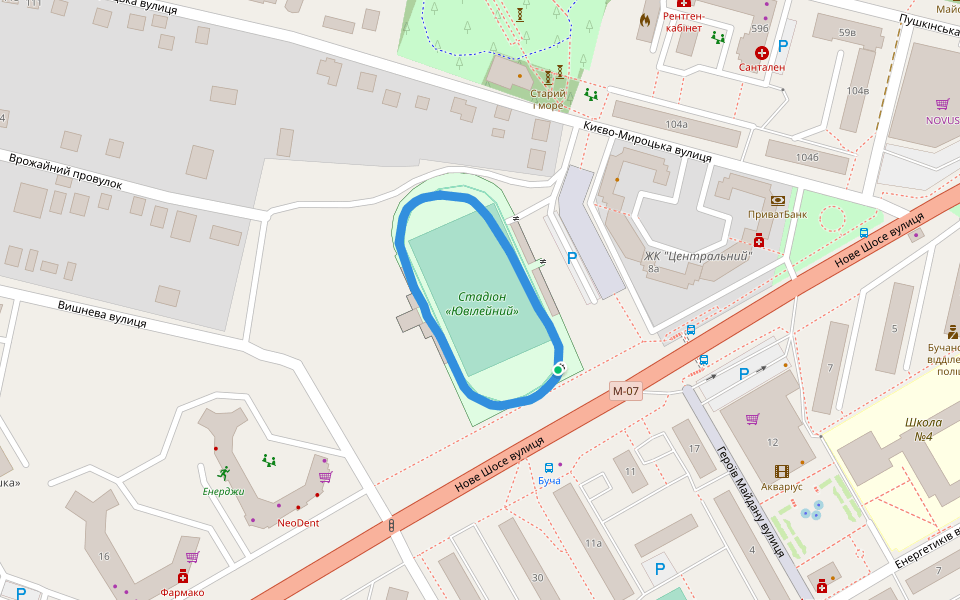 Стадіон «Ювілейний» walking route map in Bucha