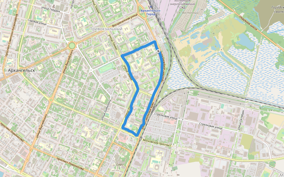Средняя школа № 20 walking route map in Arkhangel'sk