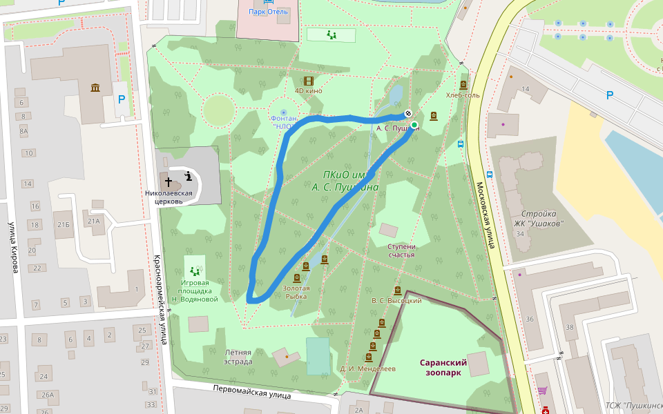 ПКиО им. А. С. Пушкина walking route map in Pushta