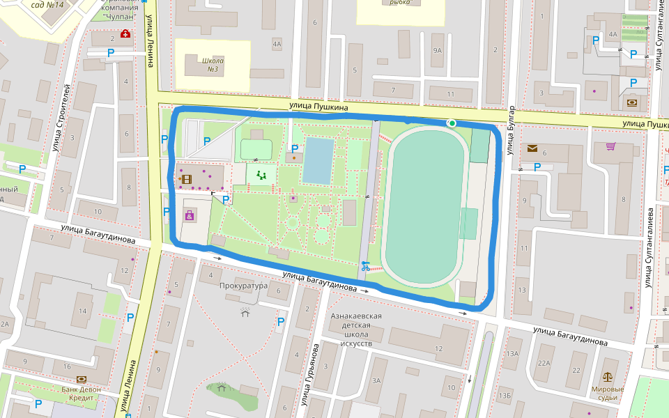 Парк имени Ишкаева Р. К. walking route map in Aznakayevo