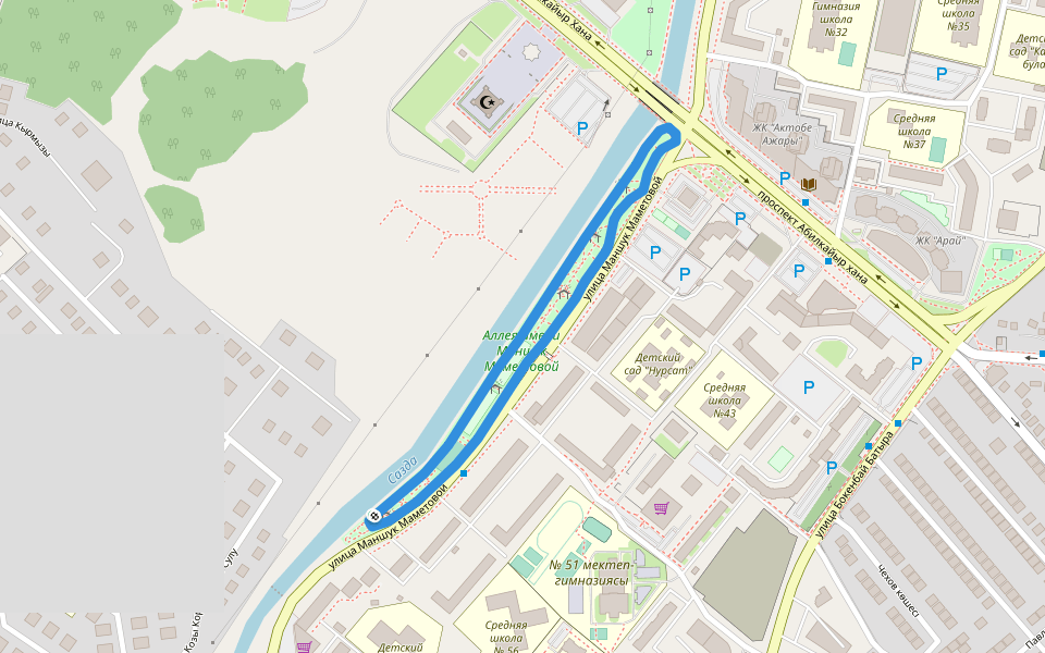 Аллея имени Маншук Маметовой walking route map in Aktobe