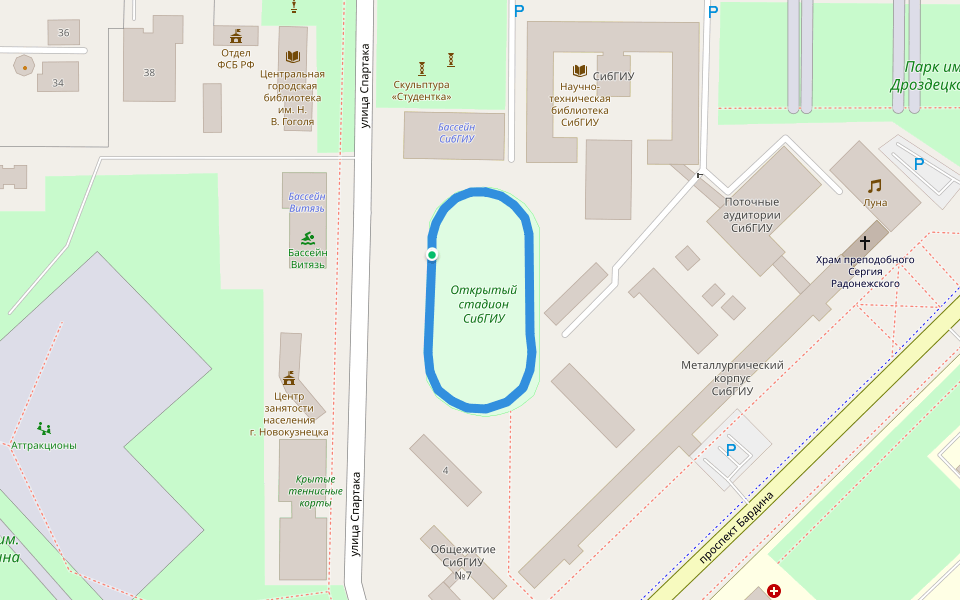 Открытый стадион СибГИУ walking route map in Novokuznetsk