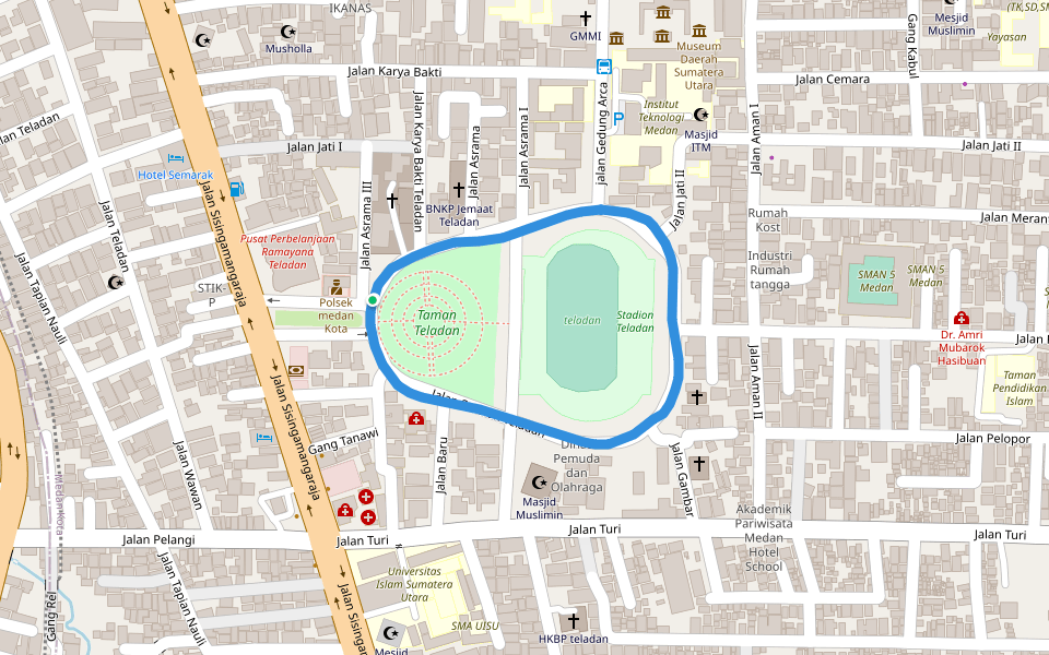 Stadion Teladan walking route map in Medan