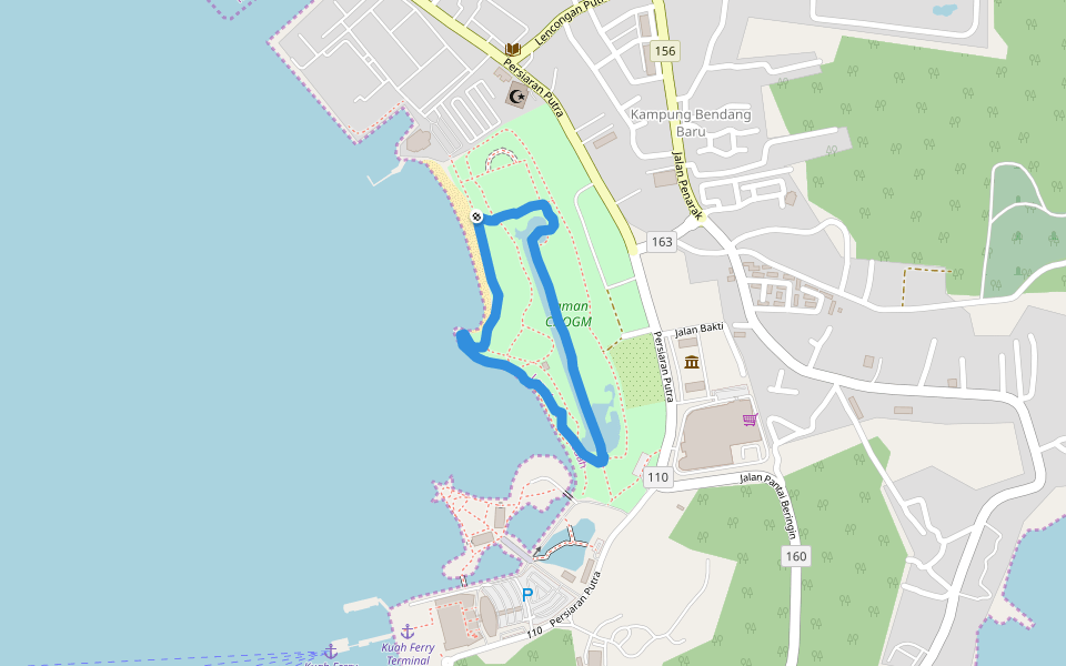 Taman Lagenda Beach walking route map in Kuah