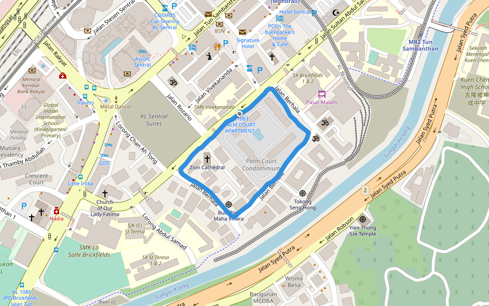 SMK Vivekananda walking route map in Brickfields