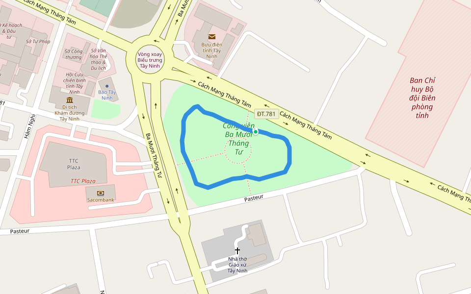 Công viên Ba Mươi Tháng Tư walking route map in Thành phố Tây Ninh