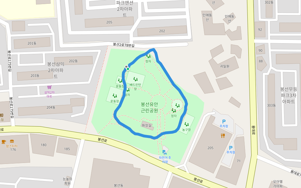 봉선유안근린공원 walking route map in Gwangju
