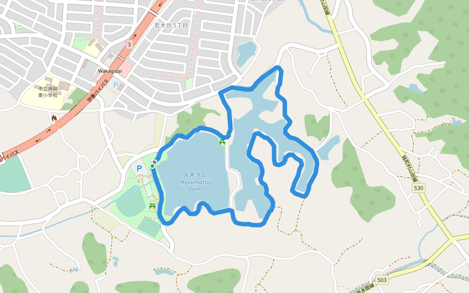 久末ダム (Kyuumatsu Dam) walking route map in Fukutsu