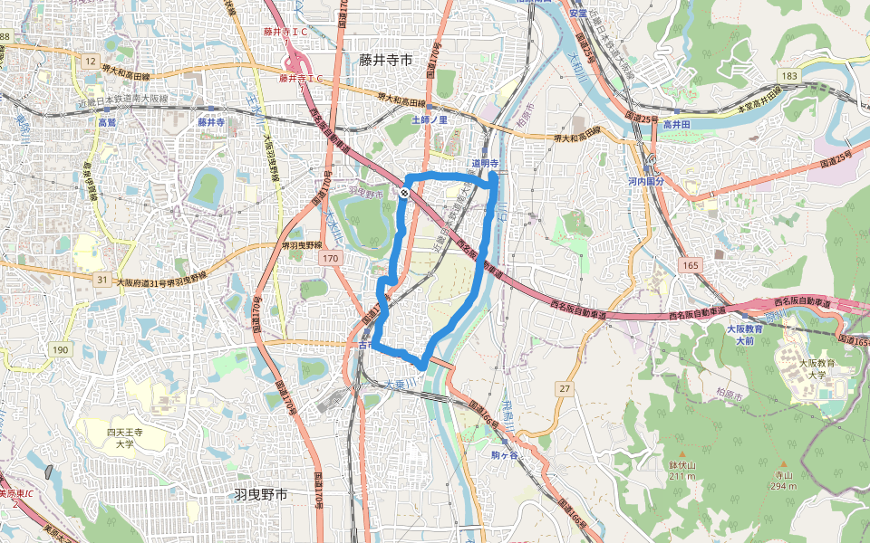 惑星広場 walking route map in Fujiidera