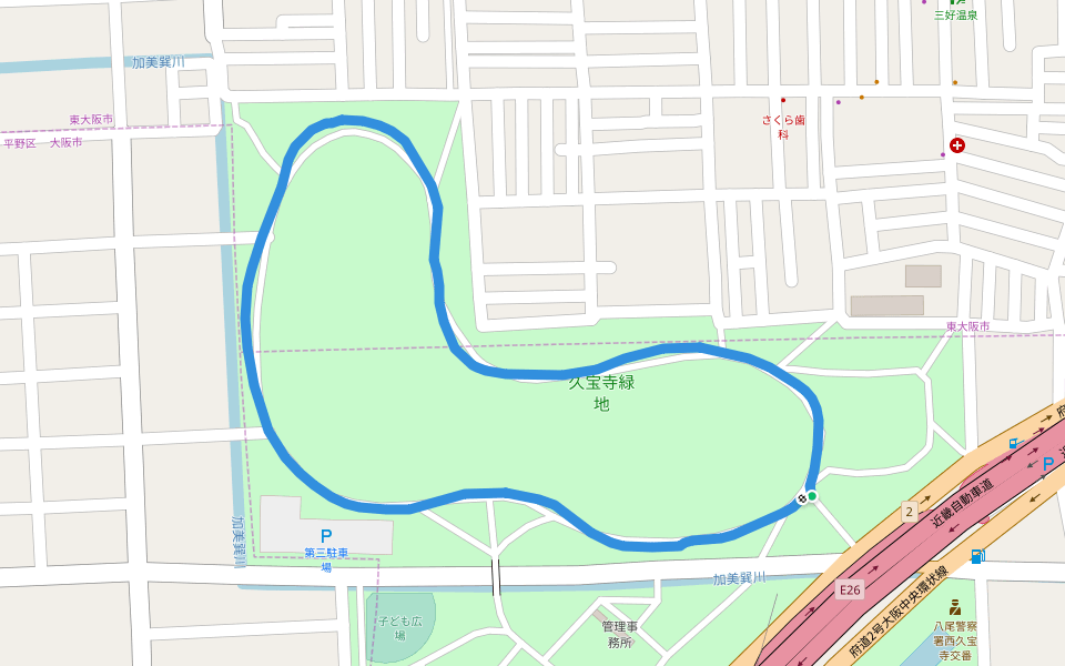 久宝寺緑地 walking route map in Yao