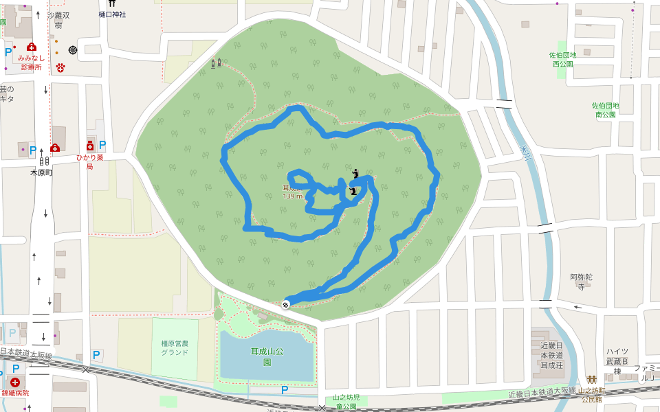 耳成山 walking route map in Kashihara