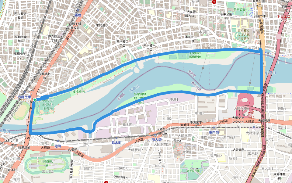 多摩川六郷橋緑地 walking route map in Ota City