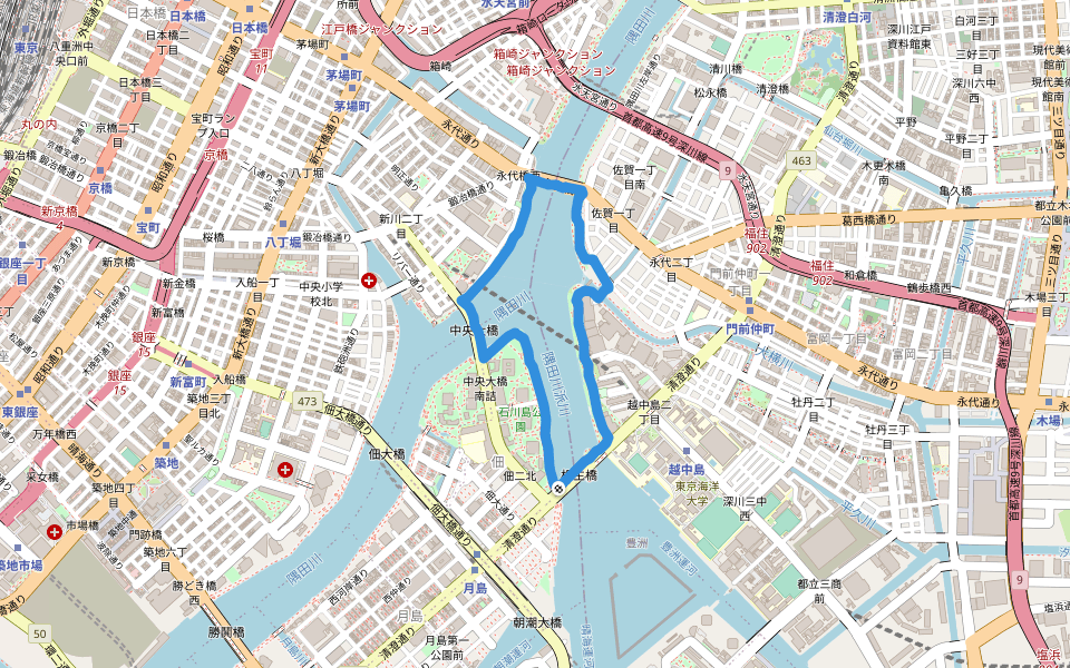 石川島公園 walking route map in Chuo City