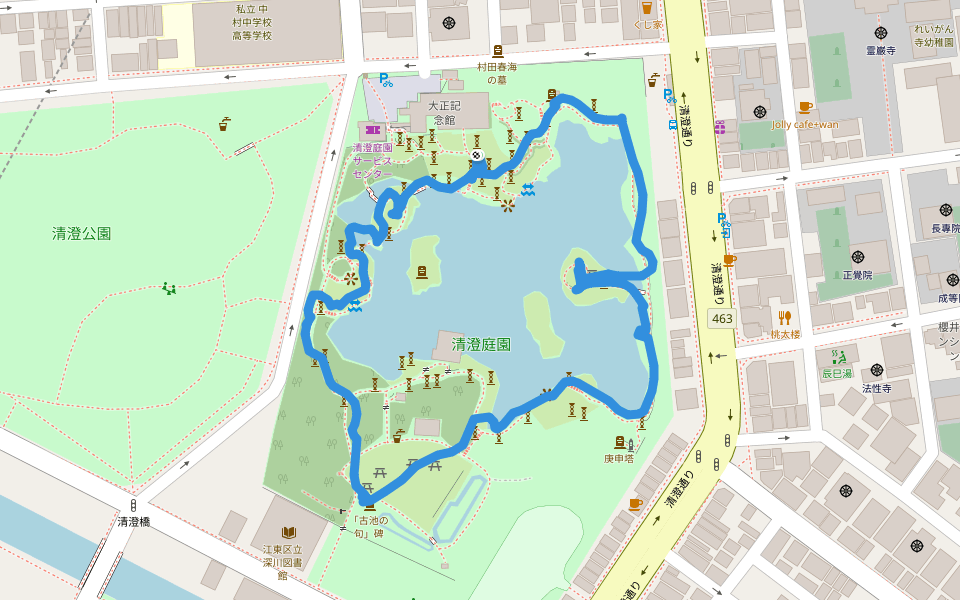 清澄庭園 walking route map in Koto City