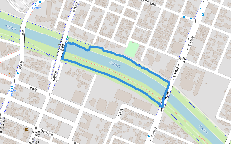 牛朱別川 walking route map in Asahikawa