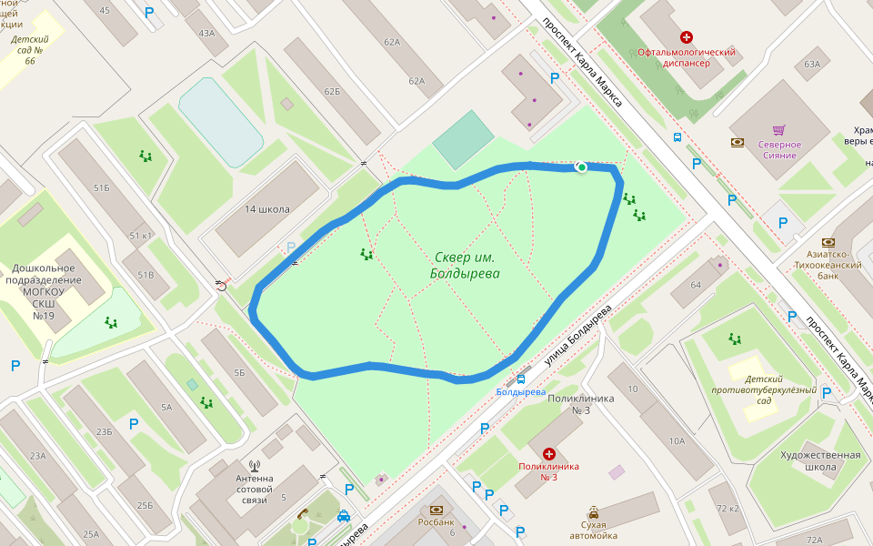 Сквер им. Болдырева walking route map in Magadan